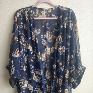 Floral Sheer Kimono, Royal Blue With Flowers, 2XL, Beautiful